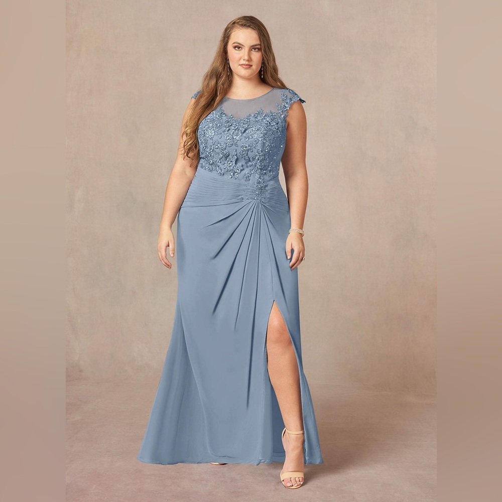 Azazie Libby Bridesmaid Dress Dusty Blue Sequin Chiffon Gown Formal Plus Size